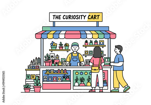 Customers interact with a friendly vendor at a colorful curiosity shop stall