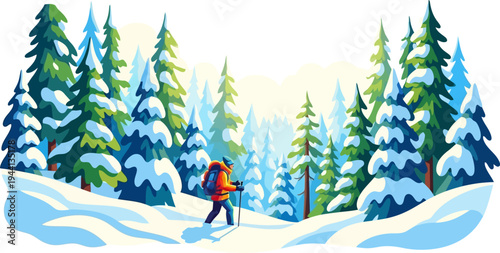 Hiker trekking through a dense snow covered pine forest
