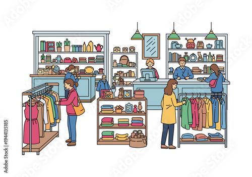 Diverse shoppers browse clothing racks and shelves in a brightly lit retail store