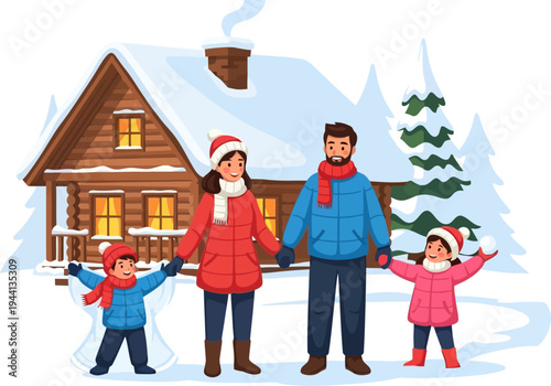 Wallpaper Mural Joyful family enjoying winter activities near a snowy wooden house Torontodigital.ca