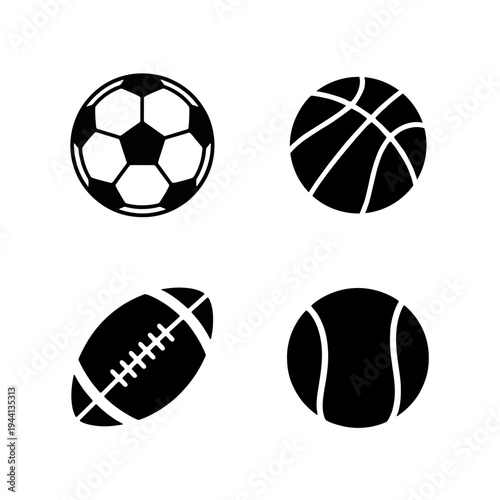 Sports equipment silhouettes including soccer, basketball, football, and tennis balls.