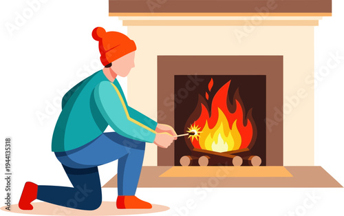 Wallpaper Mural Kneeling man lighting a cozy fireplace with a match Torontodigital.ca