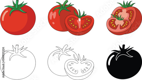 Tomato Vegetable Icon Set Vector Illustration with Whole Tomatoes Slices and Cut Tomato Symbols for Cooking Grocery and Healthy Food Design