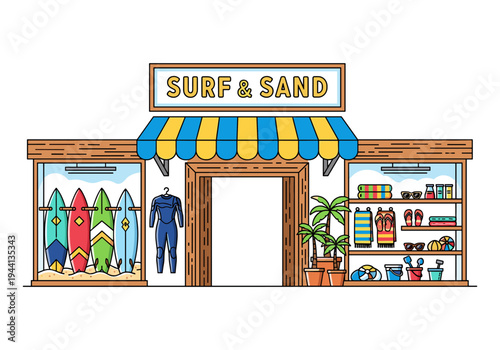 Surf and Sand beach shop exterior with surfboards, wetsuit, and beach accessories