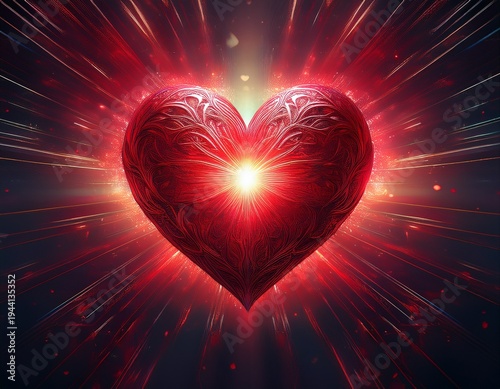 red heart with rays of light from within generative ai