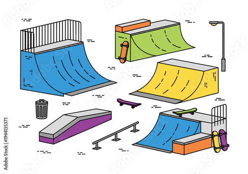 Collection of colorful skateboard ramps and obstacles in a flat design style