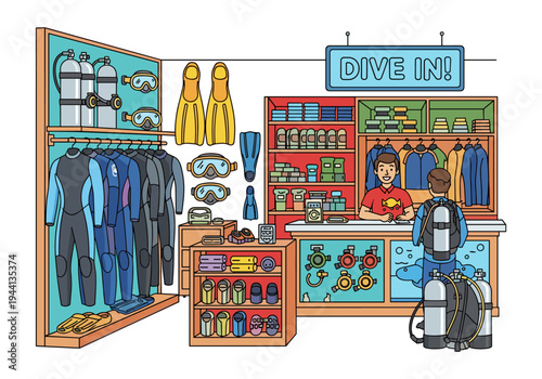 Dive shop interior with customer and staff, displaying scuba gear and wetsuits