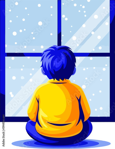 Wallpaper Mural Little boy looking through a window at the falling snowflakes Torontodigital.ca