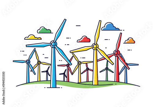 Colorful wind turbines generating clean energy on a green hill under a cloudy sky