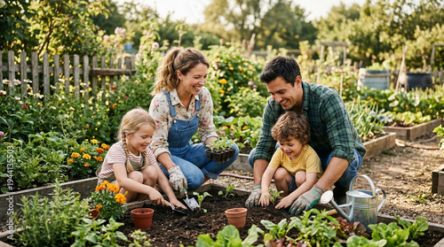 Happy family gardening together in sunny backyard vegetable patch.