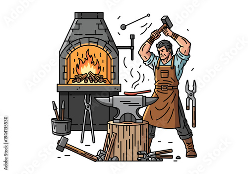 Strong blacksmith works with hammer and anvil at a fiery forge, creating metal art