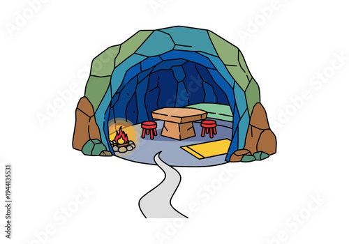 Cozy cave dwelling with campfire and simple furniture, inviting and warm