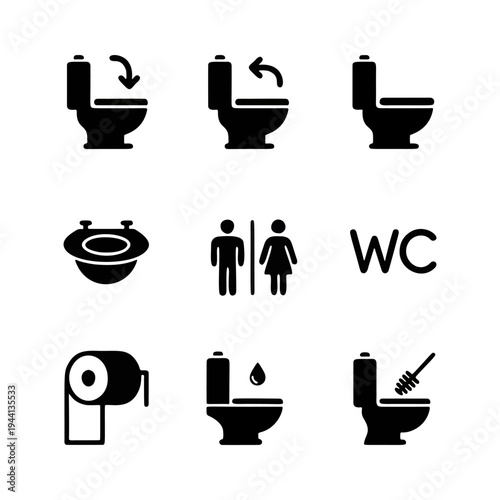 Bathroom and restroom plumbing icons including toilet, WC, and urinal silhouettes.