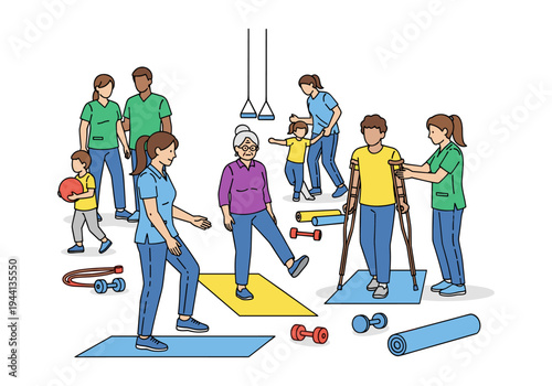 Diverse group of people participating in physical therapy and rehabilitation exercises
