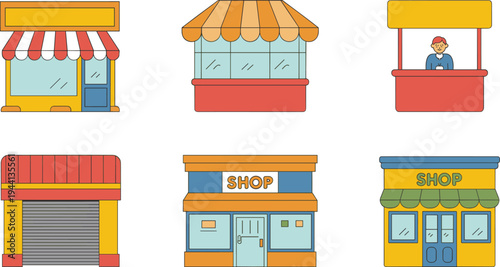 Small Shop and Market Stall Vector Icon Set with Storefront Buildings Street Vendor Booths and Retail Stores for Business and Marketplace Design