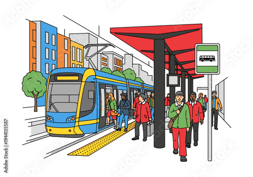 People boarding a modern blue and yellow tram at a busy urban transit station platform