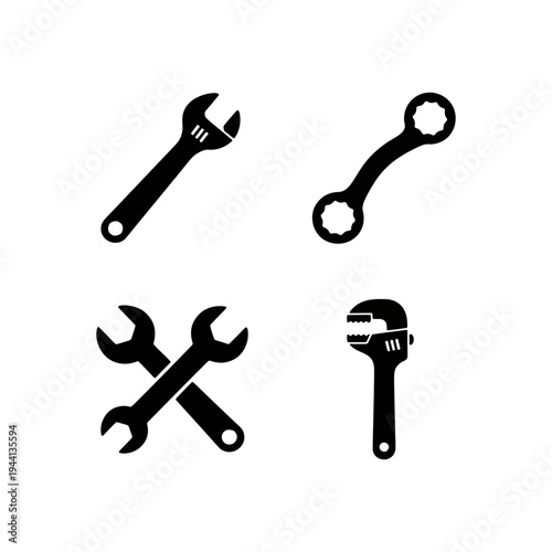 Mechanical repair tool icons featuring wrenches, spanners, and adjustable wrench silhouettes.