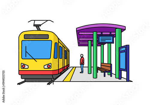 Modern yellow train waits at a station platform with a lone passenger standing by