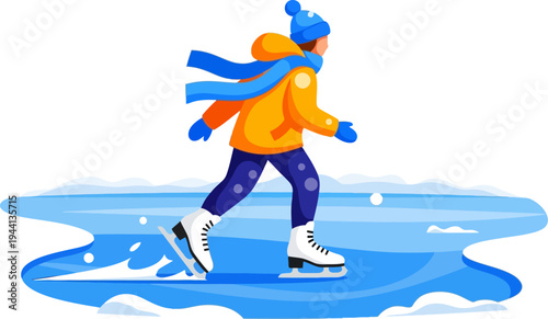 Person glides gracefully across a frozen blue lake during winter