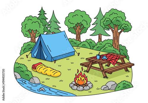 Cozy campsite scene with a blue tent, campfire, picnic table, and sleeping bag by a stream