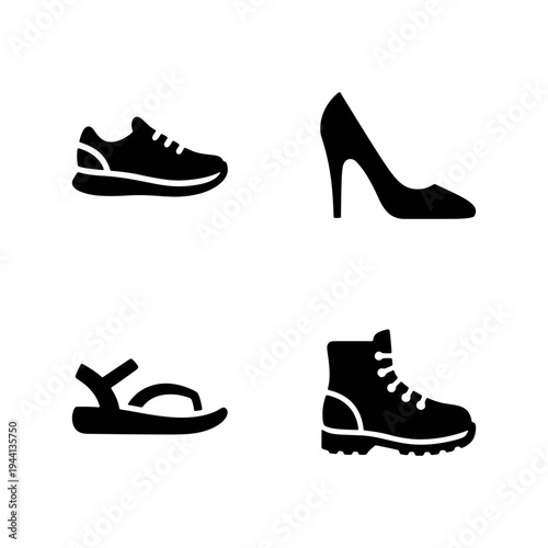Footwear icons collection featuring sneakers, high heels, boots, and sandals.
