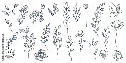 Flowers and Leaves Set Line Art Drawing. Hand Drawn Floral Plant Vector Illustrations Collection. Line Art Graphic Simple Leaf and Flowers Art Drawing. Botanical Doodle Minimalist Design