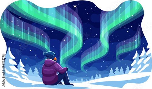 Person observing aurora borealis in winter night sky