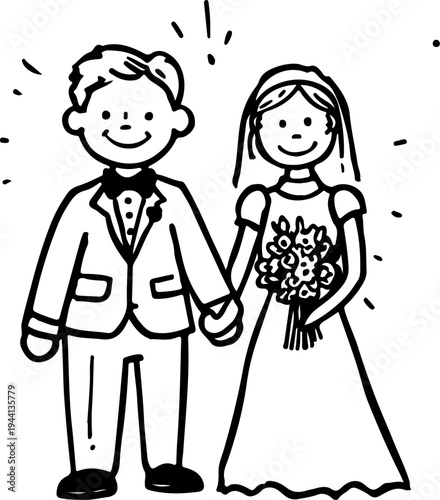 Wedding Couple Portrait Comic Hand Drawn Style. Wedding Design with Happy Couple in Sketch Line Drawing Style. Vector Line Art Wedding Illustration.