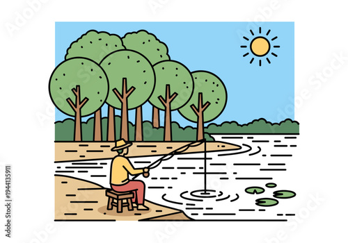 Fisherman sitting on a stool by the river, casting a fishing rod on a sunny day