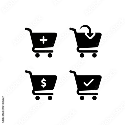 Retail and shopping icons featuring supermarket carts, baskets, and currency symbols.