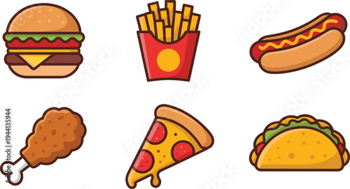 Fast Food Cartoon Icon Set Vector Illustration Featuring Burger Fries Hot Dog Fried Chicken Pizza Slice and Taco for Restaurant Menu Design