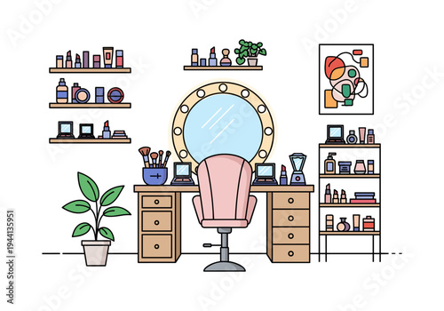 Stylish vanity table with makeup products, mirror, and chair for beauty routine