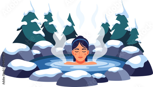Relaxed woman soaking in a steaming hot spring among snowy trees