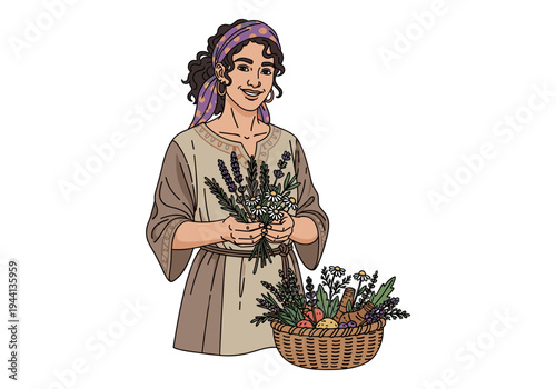 Smiling woman in traditional dress holding lavender and daisies with a basket of herbs
