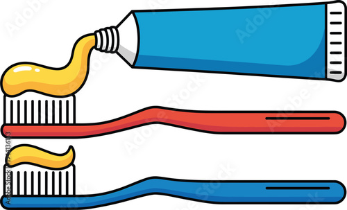 Toothbrush and Toothpaste Vector Illustration Showing Dental Hygiene Tools with Toothpaste Tube and Brushing Supplies for Oral Care and Health Education