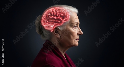 Dignified senior woman in profile with glowing brain illustrates Alzheimer's, dementia, and cognitive health challenges