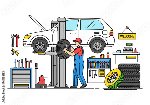Car mechanic changing a tire on a vehicle lifted by a car hoist in a workshop