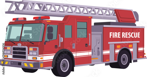 Modern Fire Rescue Ladder Truck Vector Illustration of Emergency Firefighter Vehicle with Equipment Compartments and Safety Lights for Emergency Service Design