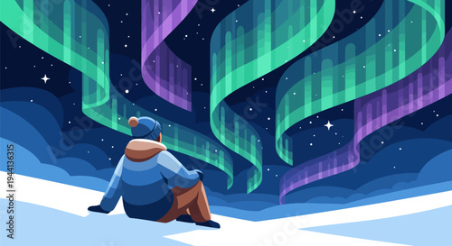 Stargazer watching the aurora borealis in the night sky