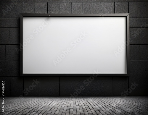 mockup of a blank advertising signboard with a dark frame and wall background intended for media content or promotional messages