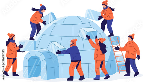 Team of people works together to build a traditional ice igloo