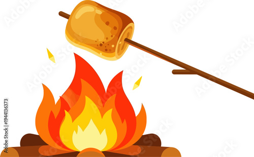 Toasted marshmallow roasting over a glowing campfire flame
