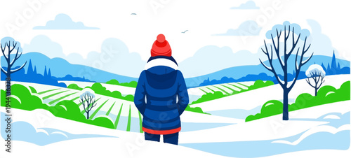 Traveler observing a wide snow-covered landscape from a distance