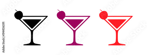 stylized martini glasses with different colored drinks and cherries on top