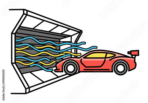 Red sports car exiting a garage with wavy lines representing air or wind flow