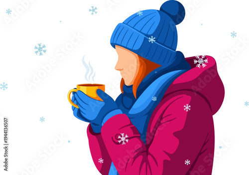 Woman sipping a steaming hot beverage during a snowfall