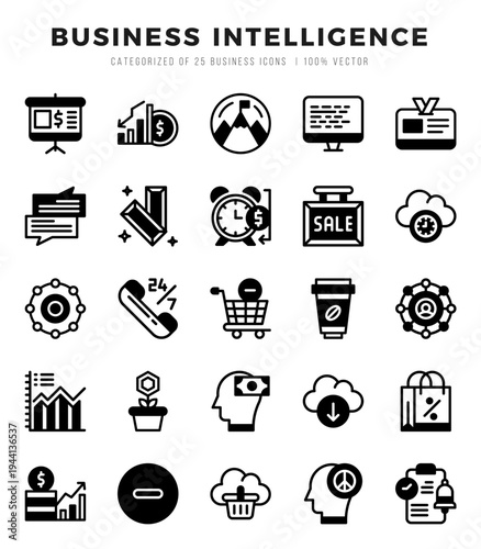 Business Intelligence Icons Pack. Lineal Filled icons set. Lineal Filled icon collection set.