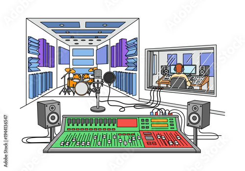 Recording studio setup with drum kit, microphone, mixing console, and sound engineer in control room