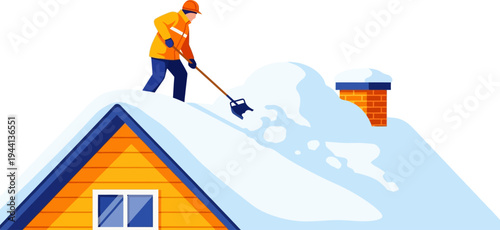 Worker removes heavy snow from a residential roof using a shovel