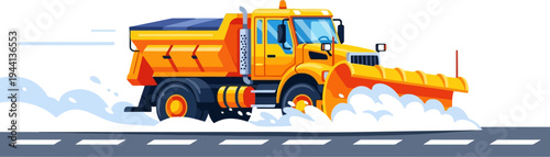 Yellow snow plow truck clearing highway during blizzard